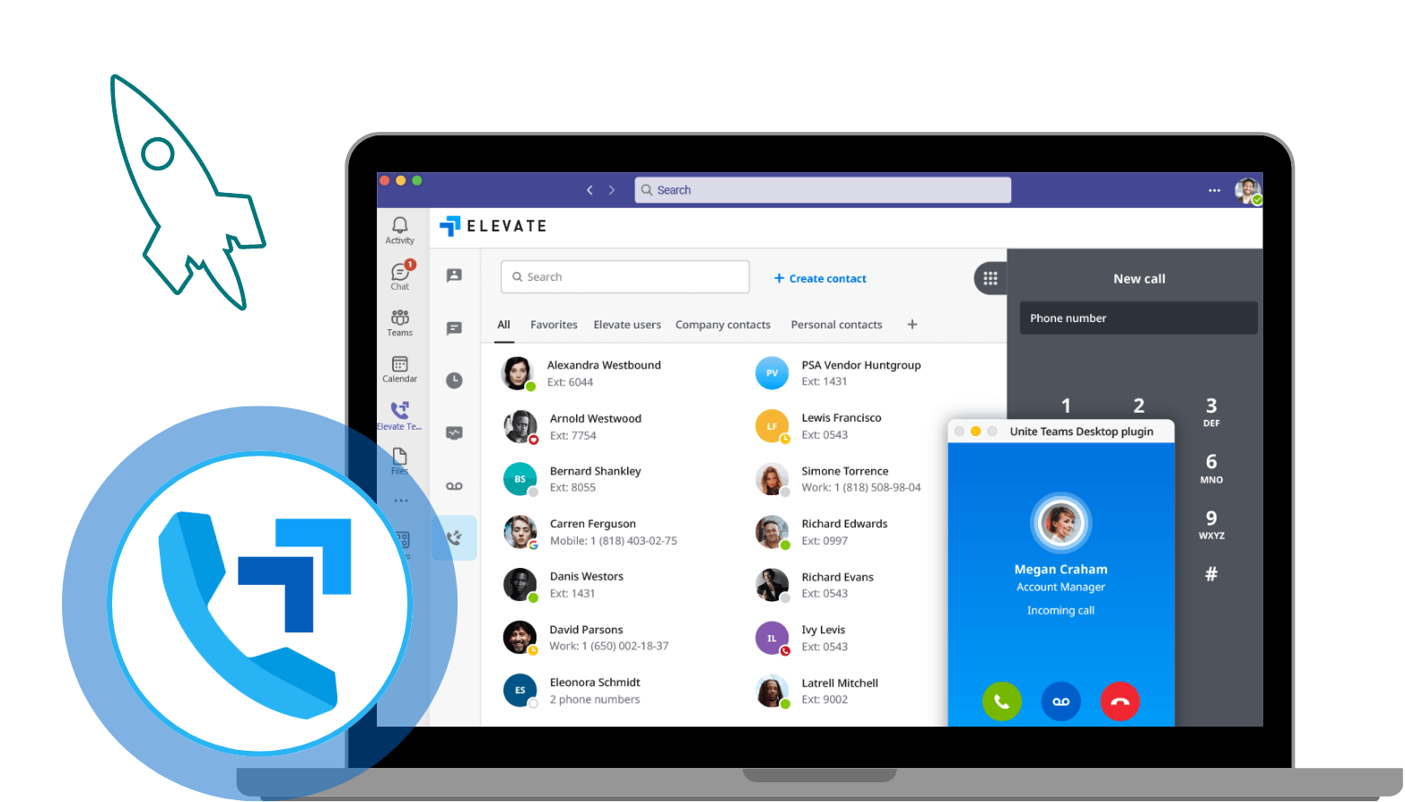Elevate UC app on a laptop, showing a contact list and phone call.